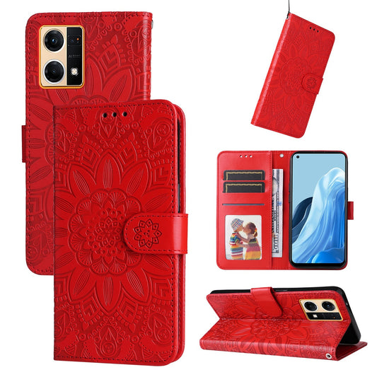 OPPO Reno7 4G Sunflower Embossed Leather Wallet Phone Case with Kickstand and Card Holder
