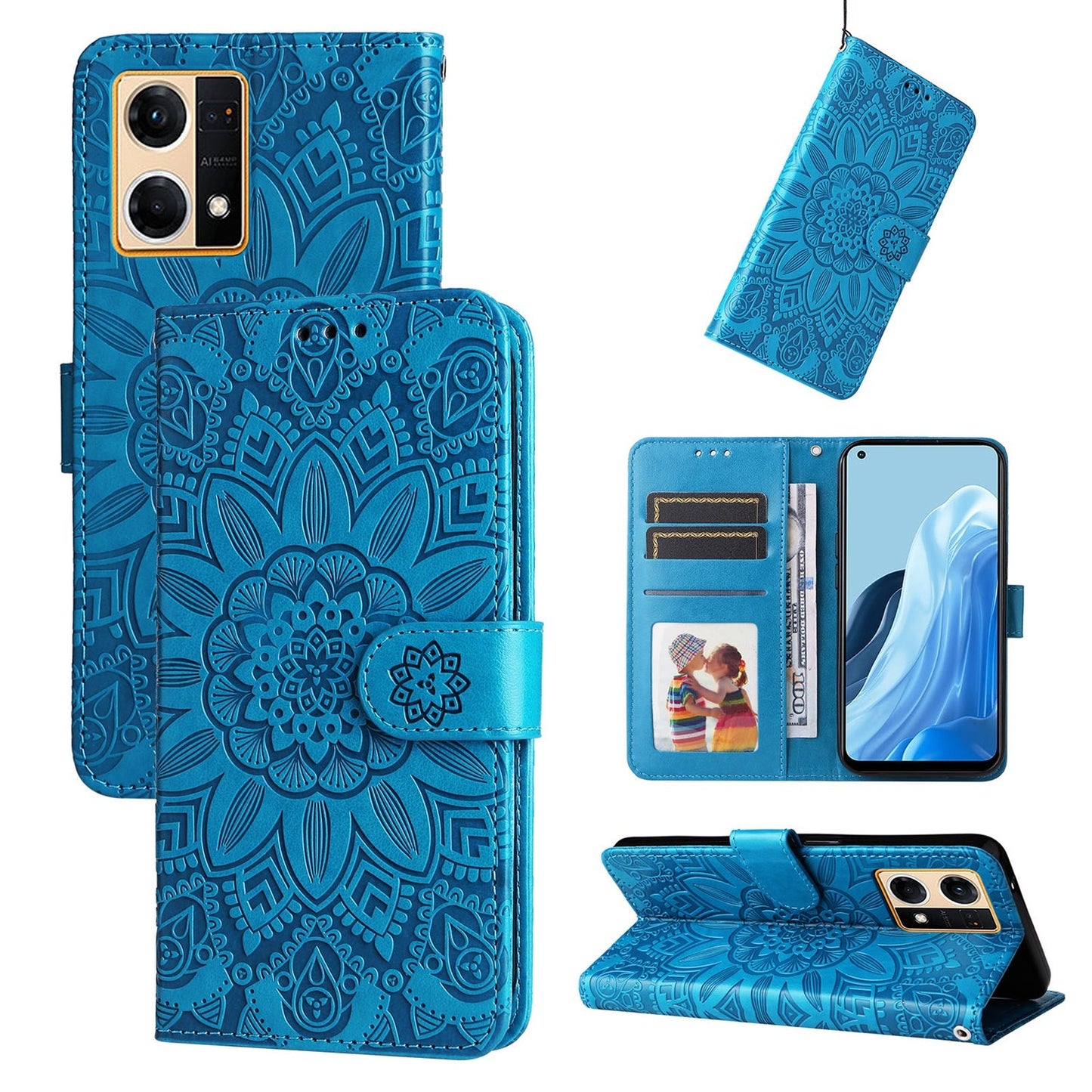 OPPO Reno7 4G Sunflower Embossed Leather Wallet Phone Case with Kickstand and Card Holder
