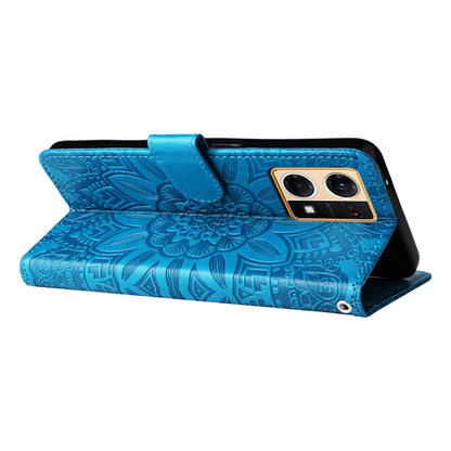 OPPO Reno7 4G Sunflower Embossed Leather Wallet Phone Case with Kickstand and Card Holder