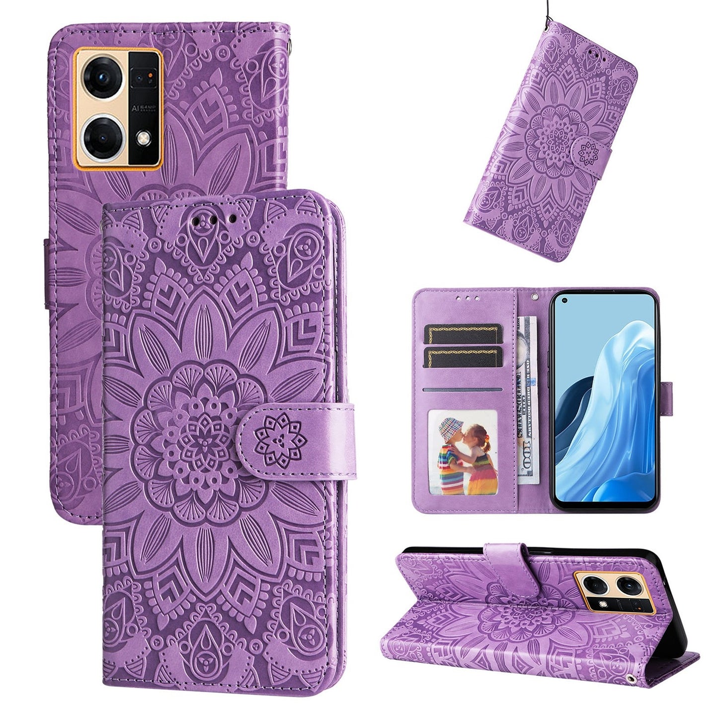 OPPO Reno7 4G Sunflower Embossed Leather Wallet Phone Case with Kickstand and Card Holder
