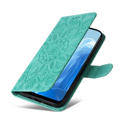 OPPO Reno7 4G Sunflower Embossed Leather Wallet Phone Case with Kickstand and Card Holder
