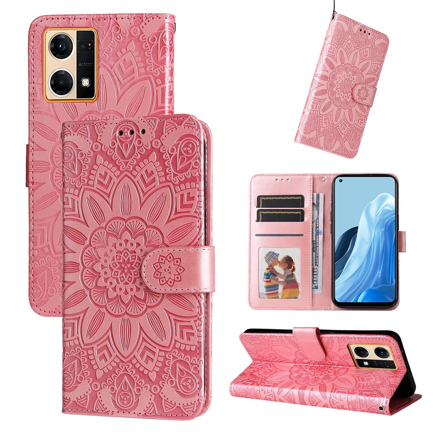 OPPO Reno7 4G Sunflower Embossed Leather Wallet Phone Case with Kickstand and Card Holder
