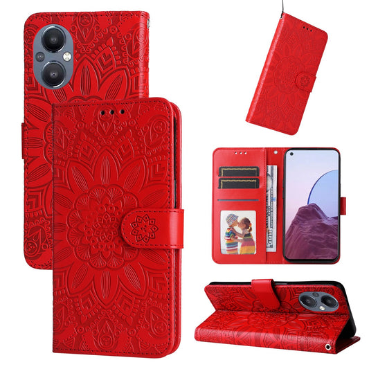 OnePlus Nord N20 5G Sunflower Embossed Leather Wallet Phone Case with Kickstand and Card Holder