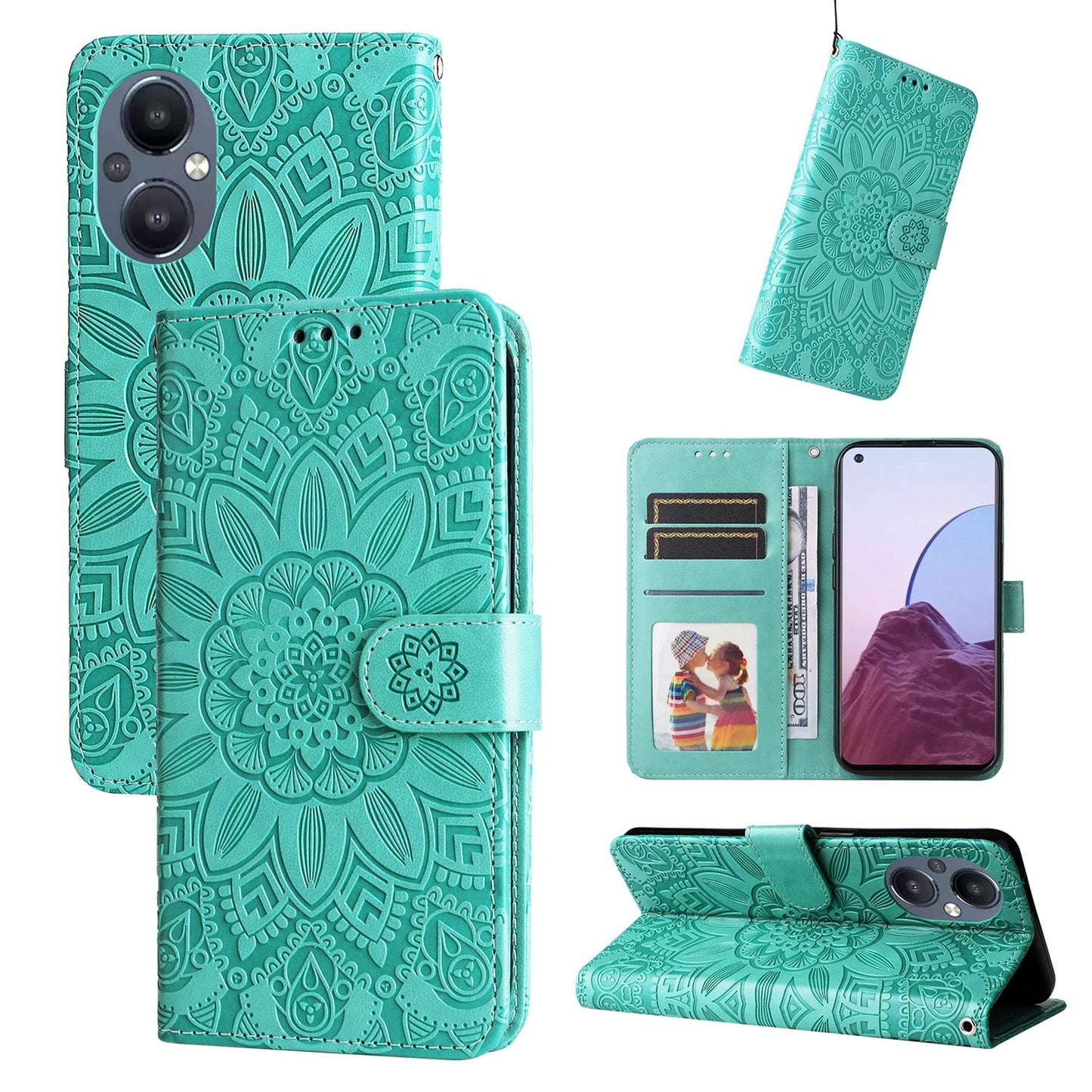 OnePlus Nord N20 5G Sunflower Embossed Leather Wallet Phone Case with Kickstand and Card Holder