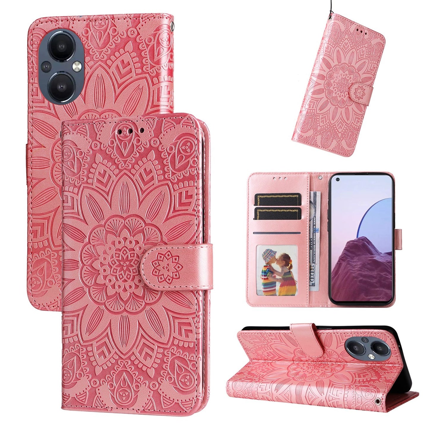 OPPO Reno7 Z Sunflower Embossed Leather Wallet Phone Case with Kickstand and Card Holder