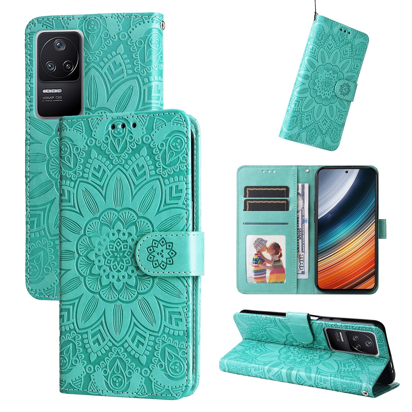 Xiaomi Redmi K40S Sunflower Embossed Leather Wallet Phone Case with Kickstand and Card Holder