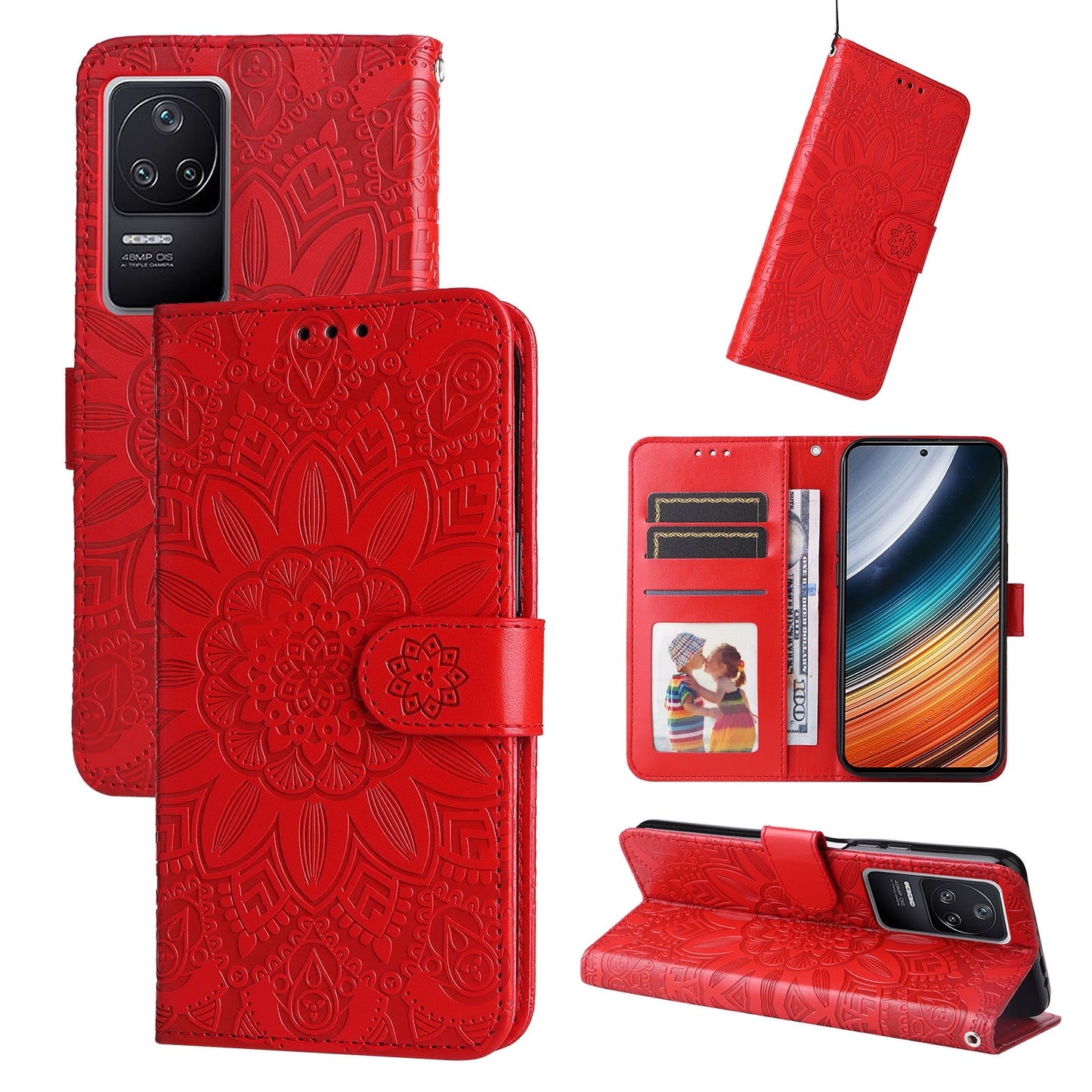 Xiaomi Redmi K40S Sunflower Embossed Leather Wallet Phone Case with Kickstand and Card Holder