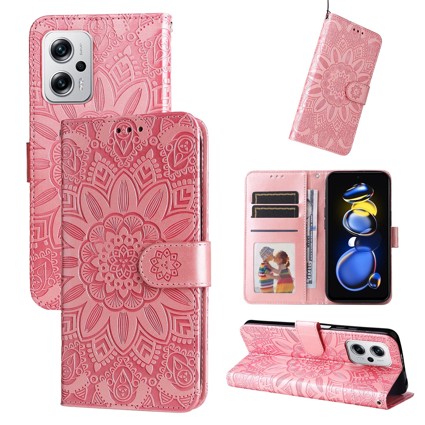 Xiaomi Poco X4 GT Sunflower Embossed Leather Wallet Phone Case with Kickstand and Card Holder