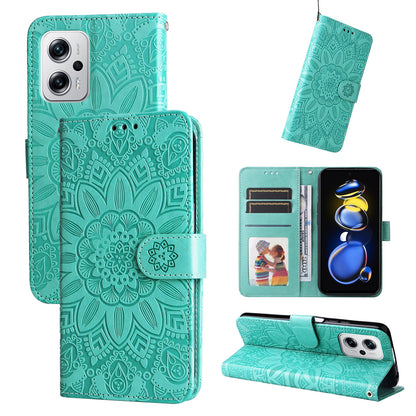 Xiaomi Redmi Note 11T Pro Sunflower Embossed Leather Wallet Phone Case with Kickstand and Card Holder