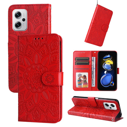 Xiaomi Redmi Note 11T Pro Sunflower Embossed Leather Wallet Phone Case with Kickstand and Card Holder