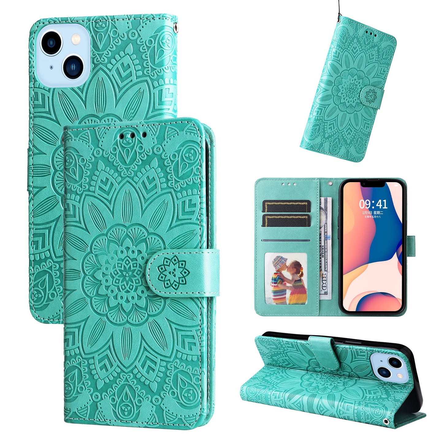 iPhone 14 Sunflower Embossed Leather Wallet Phone Case with Kickstand and Card Holder