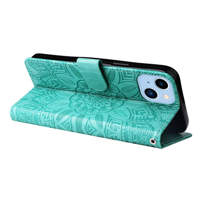 iPhone 14 Sunflower Embossed Leather Wallet Phone Case with Kickstand and Card Holder