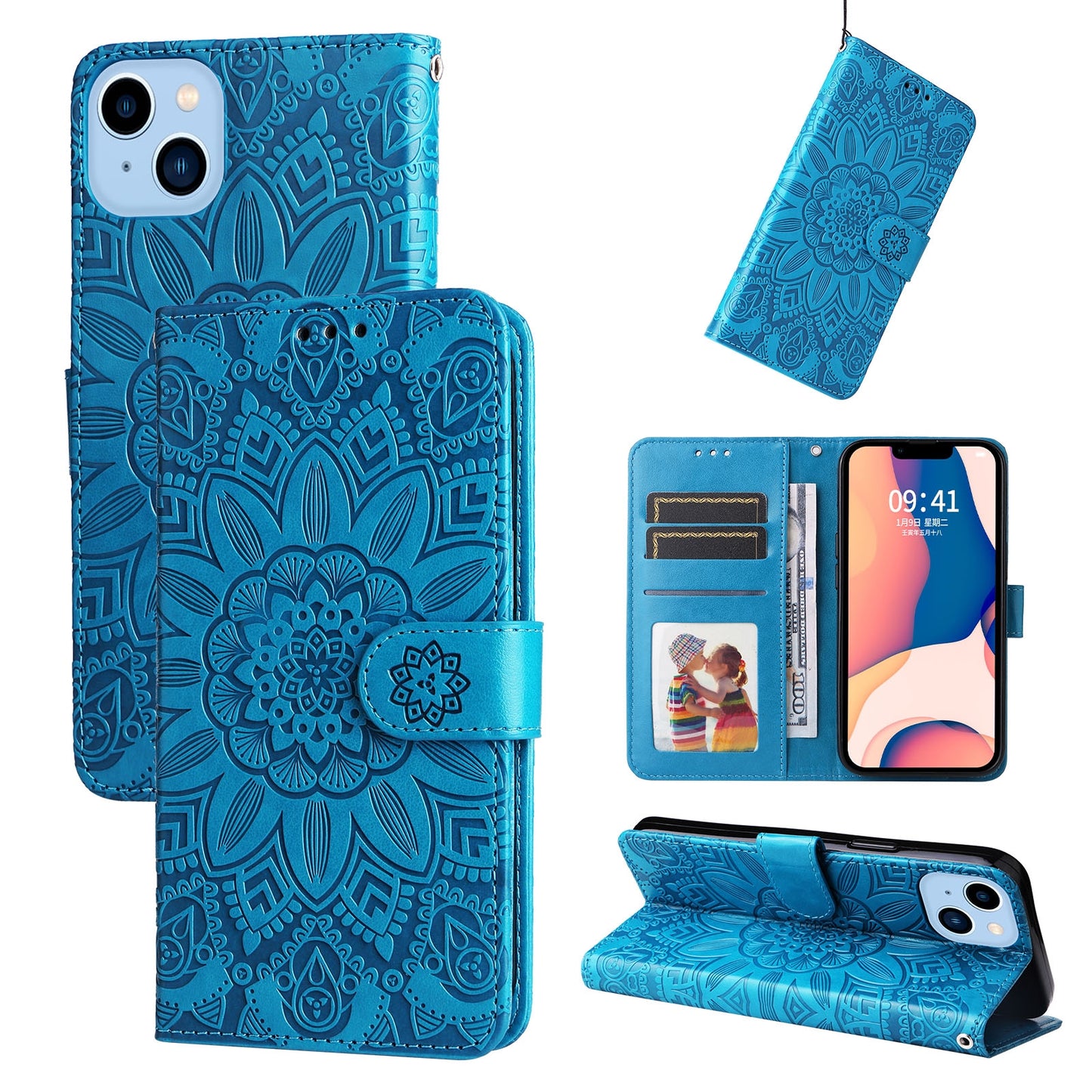 iPhone 14 Sunflower Embossed Leather Wallet Phone Case with Kickstand and Card Holder