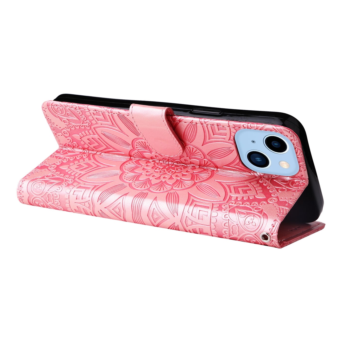 iPhone 14 Plus Sunflower Embossed Leather Wallet Phone Case with Kickstand and Card Holder