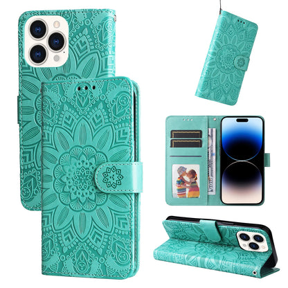 iPhone 14 Pro Sunflower Embossed Leather Wallet Phone Case with Kickstand and Card Holder