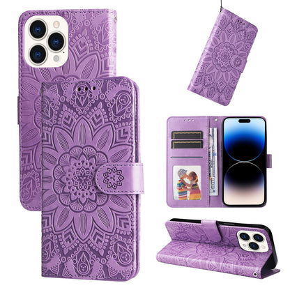 iPhone 14 Pro Sunflower Embossed Leather Wallet Phone Case with Kickstand and Card Holder