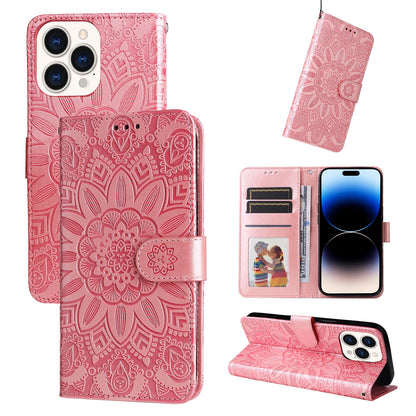 iPhone 14 Pro Max Sunflower Embossed Leather Wallet Phone Case with Kickstand and Card Holder