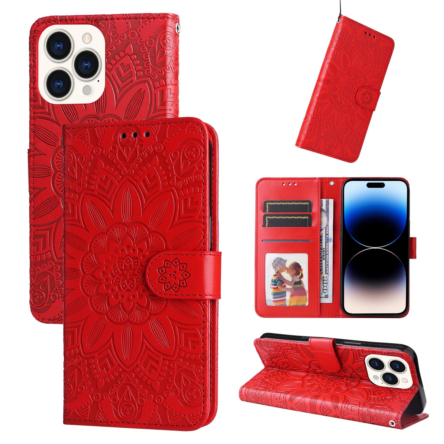 iPhone 14 Pro Max Sunflower Embossed Leather Wallet Phone Case with Kickstand and Card Holder