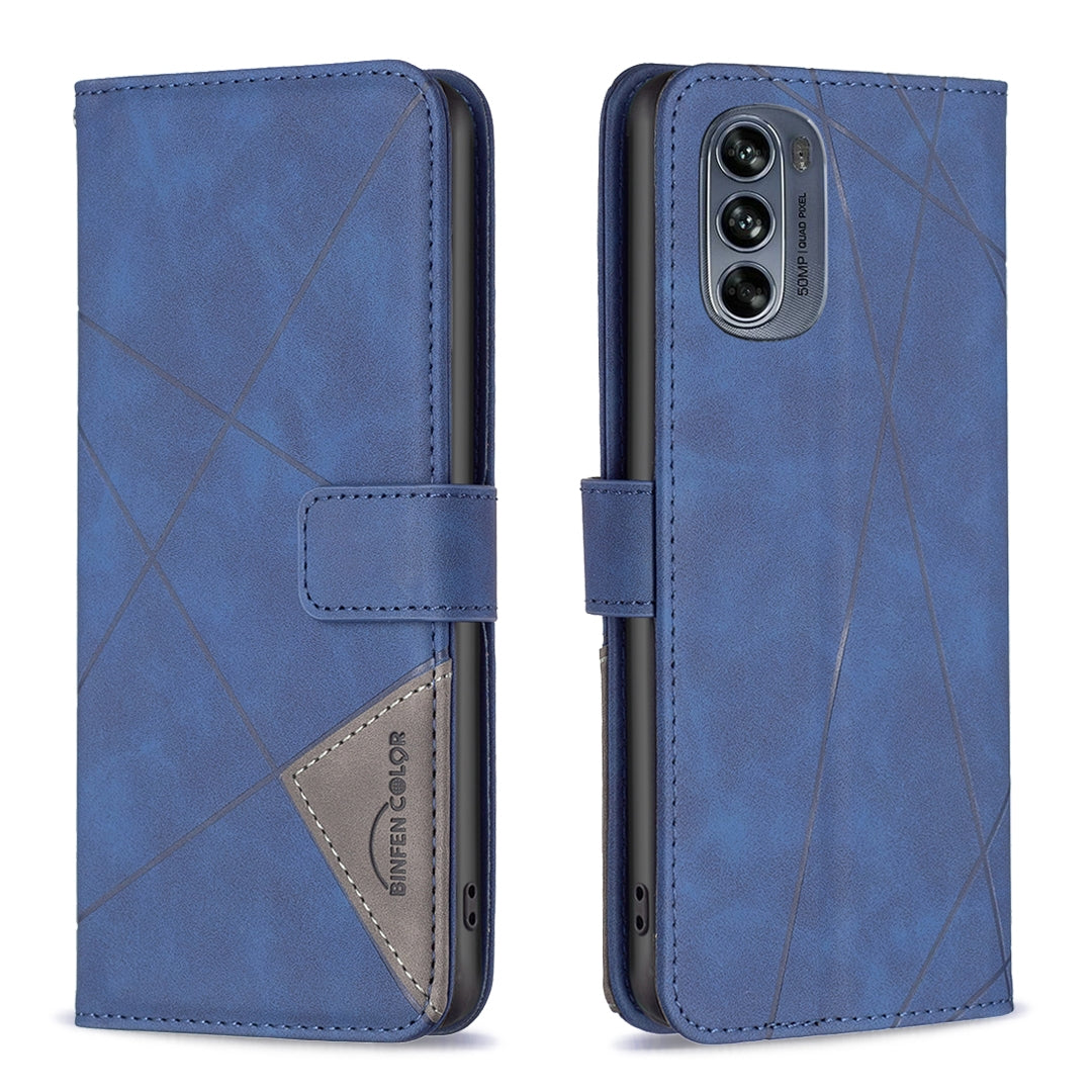 Motorola Moto G62 Rhombus Texture Leather Phone Case with Magnetic Buckle and Card Holder