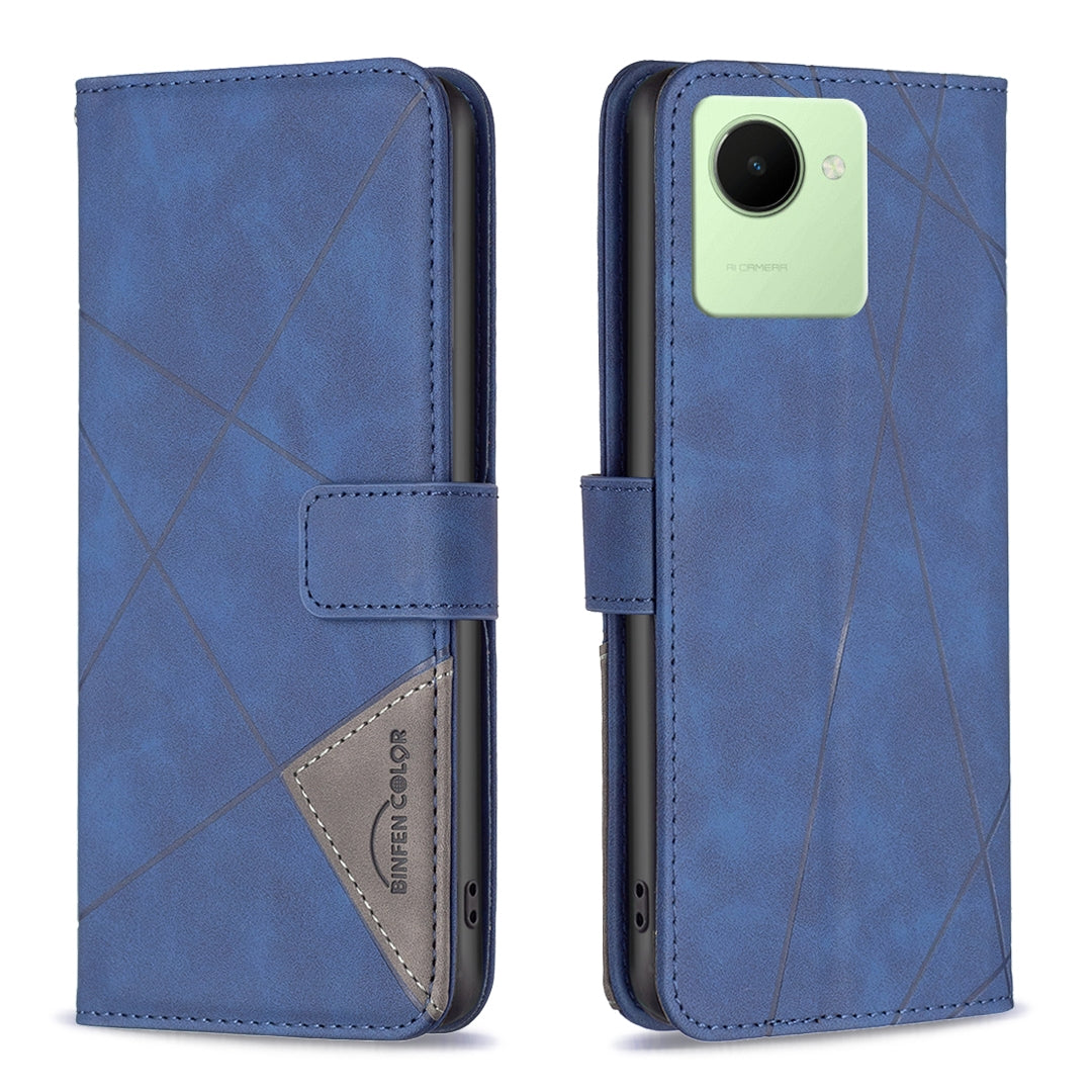 Realme C30 Rhombus Texture Leather Phone Case with Magnetic Buckle and Card Holder