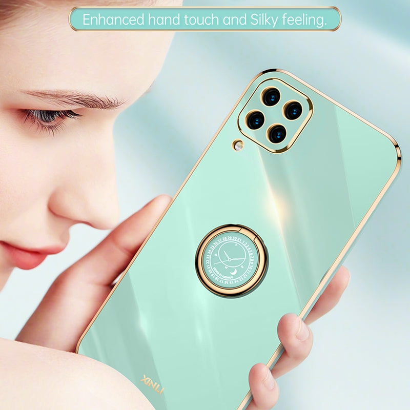 Samsung Galaxy M32 4G Tough TPU Phone Case with 6D Electroplate, Straight Edge Design, and Comfortable Ring Holder