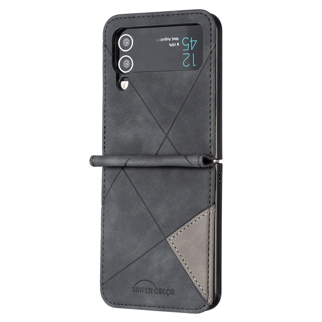 Samsung Galaxy Z Flip4 Rhombus Texture Leather Phone Case with Magnetic Buckle and Card Holder