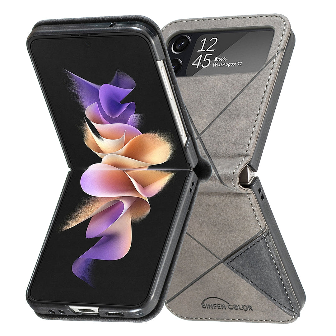 Samsung Galaxy Z Flip4 Rhombus Texture Leather Phone Case with Magnetic Buckle and Card Holder