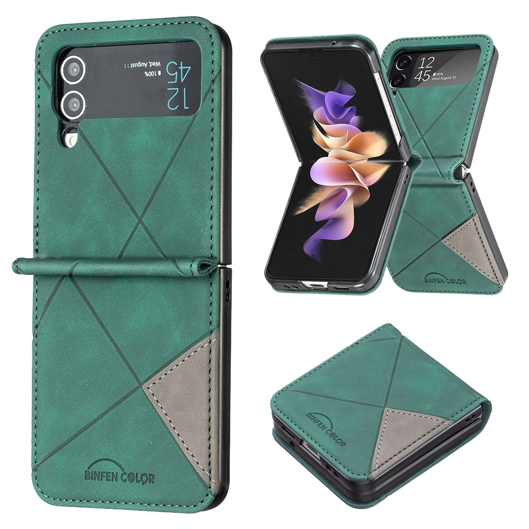 Samsung Galaxy Z Flip4 Rhombus Texture Leather Phone Case with Magnetic Buckle and Card Holder