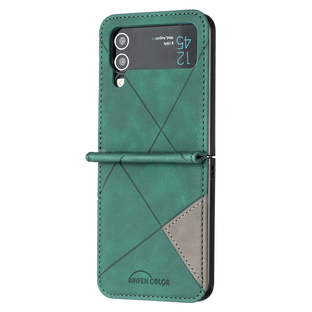 Samsung Galaxy Z Flip4 Rhombus Texture Leather Phone Case with Magnetic Buckle and Card Holder