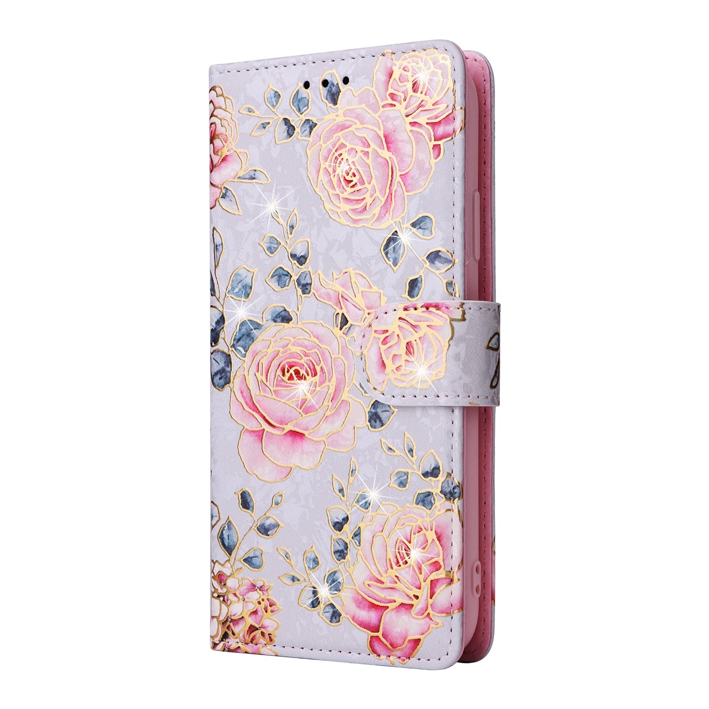 iPhone 14 Luxury Bronzing Leather Case - Floral RFID Wallet Cover with Stand & Card Slots