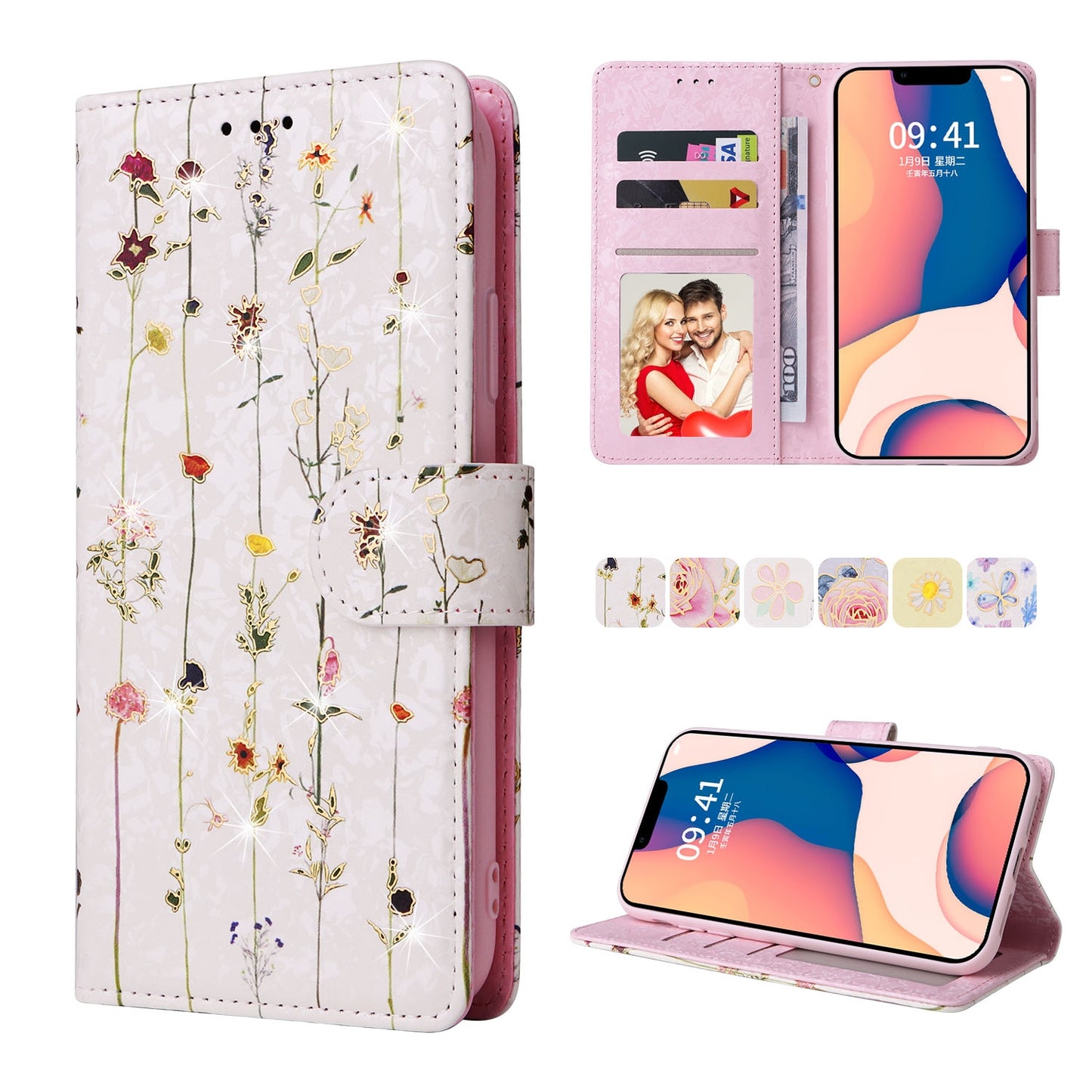 iPhone 14 Luxury Bronzing Leather Case - Floral RFID Wallet Cover with Stand & Card Slots