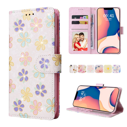 iPhone 14 Luxury Bronzing Leather Case - Floral RFID Wallet Cover with Stand & Card Slots