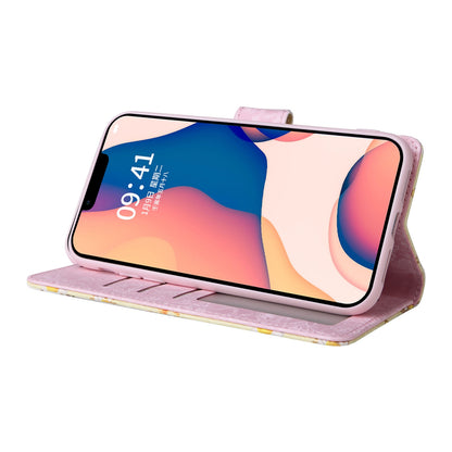 iPhone 14 Luxury Bronzing Leather Case - Floral RFID Wallet Cover with Stand & Card Slots