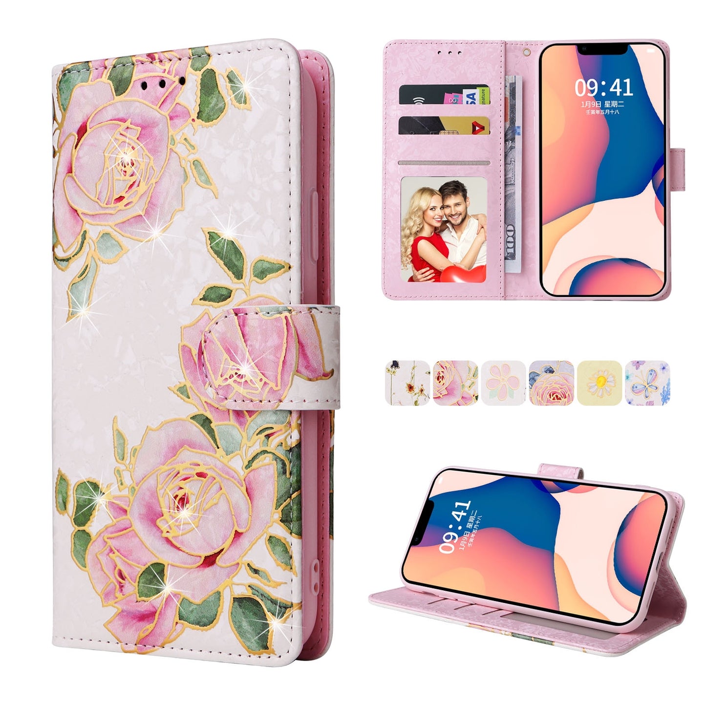 iPhone 14 Luxury Bronzing Leather Case - Floral RFID Wallet Cover with Stand & Card Slots
