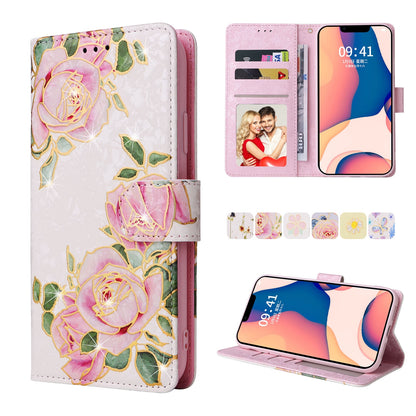 iPhone 14 Luxury Bronzing Leather Case - Floral RFID Wallet Cover with Stand & Card Slots