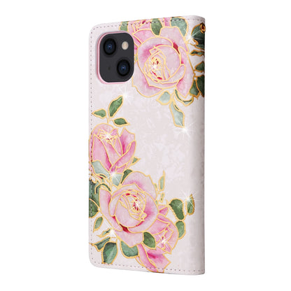 iPhone 14 Luxury Bronzing Leather Case - Floral RFID Wallet Cover with Stand & Card Slots