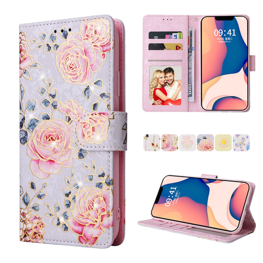 iPhone 14 Plus Luxury Bronzing Leather Case - Floral RFID Wallet Cover with Stand & Card Slots