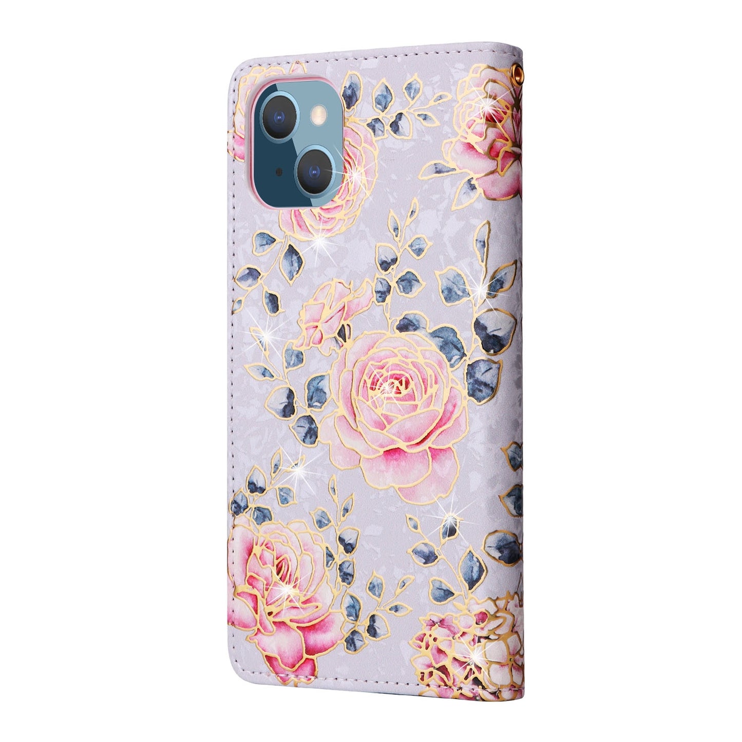 iPhone 14 Plus Luxury Bronzing Leather Case - Floral RFID Wallet Cover with Stand & Card Slots