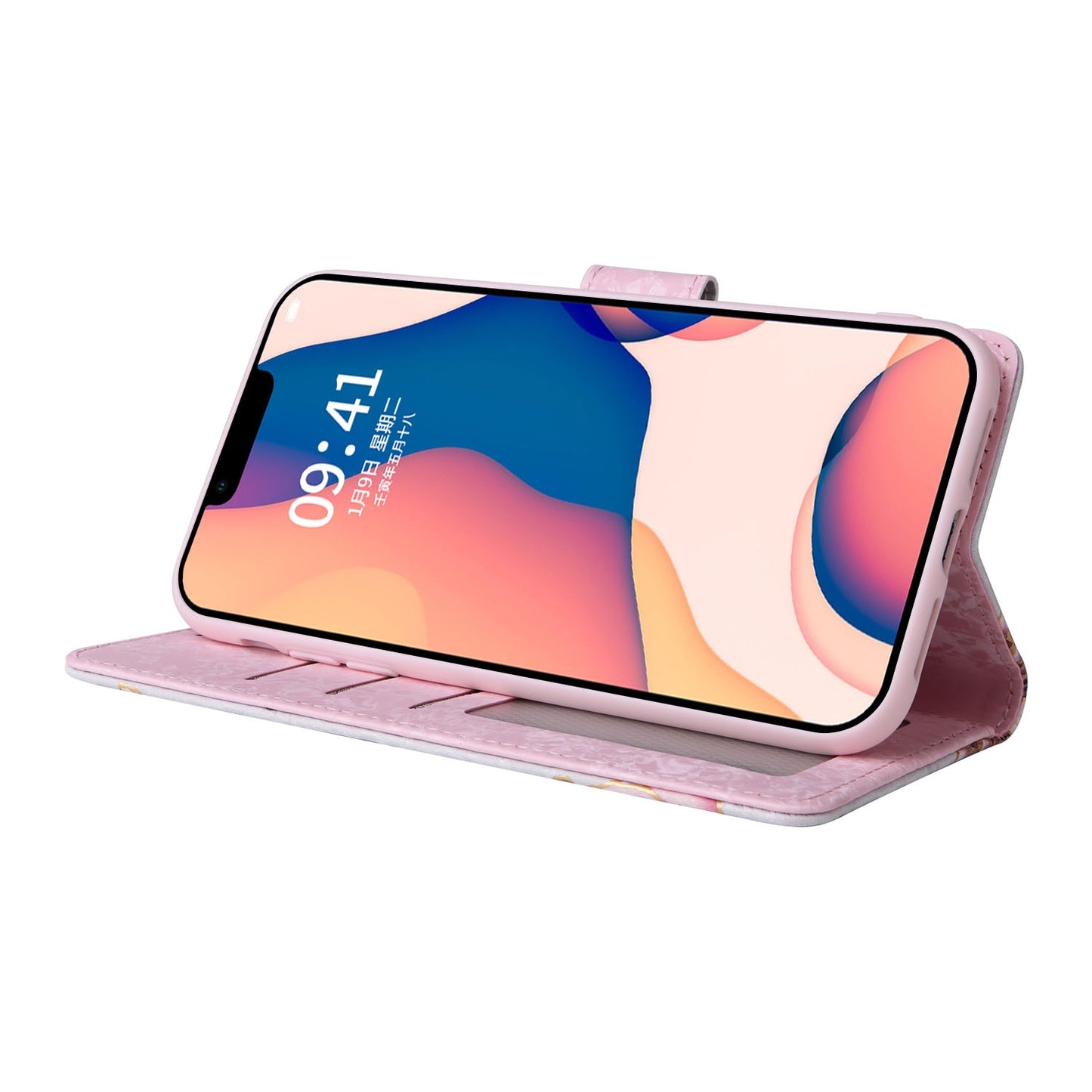 iPhone 14 Plus Luxury Bronzing Leather Case - Floral RFID Wallet Cover with Stand & Card Slots