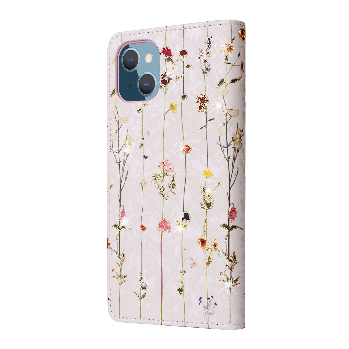 iPhone 14 Plus Luxury Bronzing Leather Case - Floral RFID Wallet Cover with Stand & Card Slots