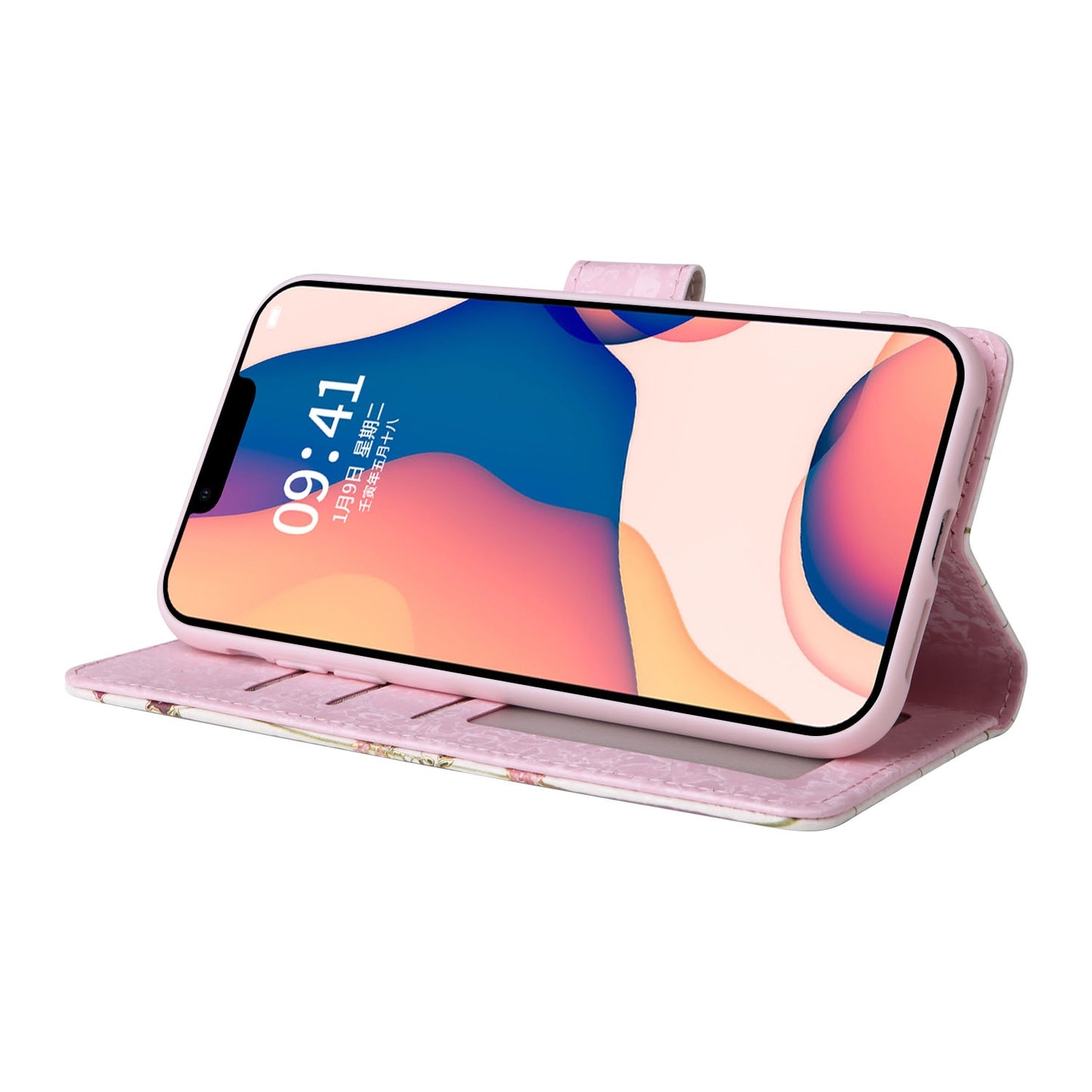 iPhone 14 Plus Luxury Bronzing Leather Case - Floral RFID Wallet Cover with Stand & Card Slots