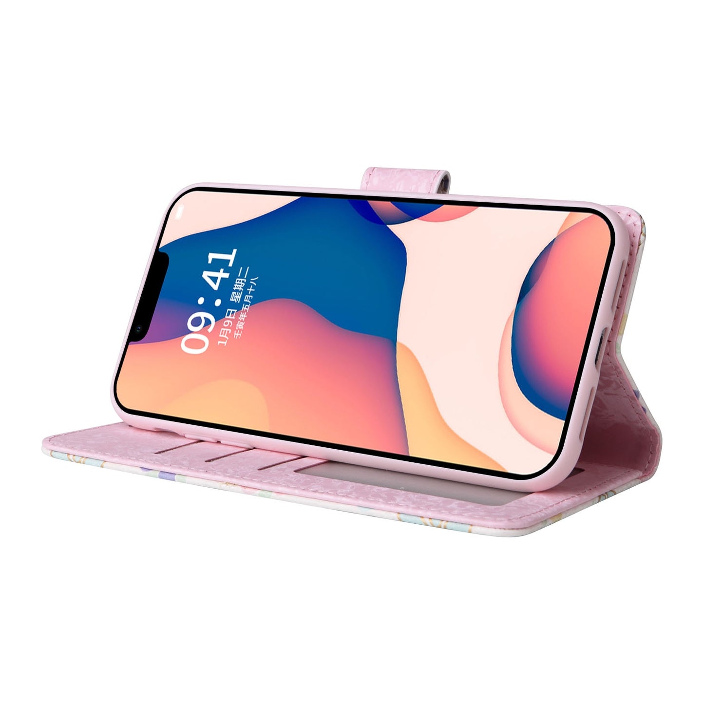 iPhone 14 Plus Luxury Bronzing Leather Case - Floral RFID Wallet Cover with Stand & Card Slots