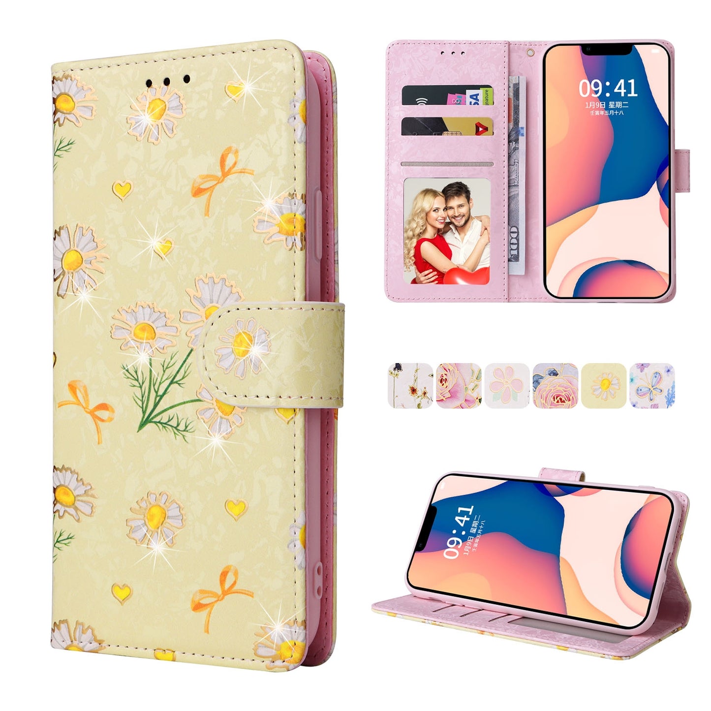 iPhone 14 Plus Luxury Bronzing Leather Case - Floral RFID Wallet Cover with Stand & Card Slots