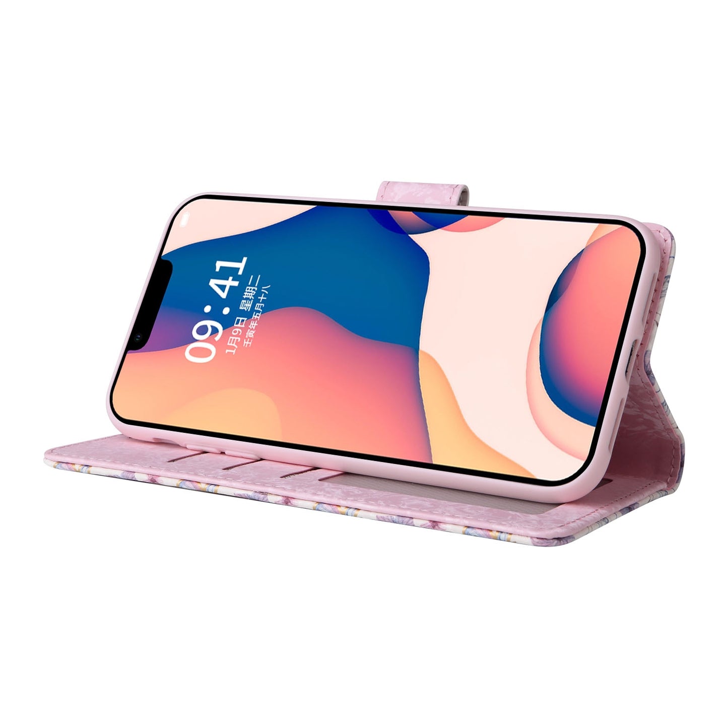 iPhone 14 Plus Luxury Bronzing Leather Case - Floral RFID Wallet Cover with Stand & Card Slots