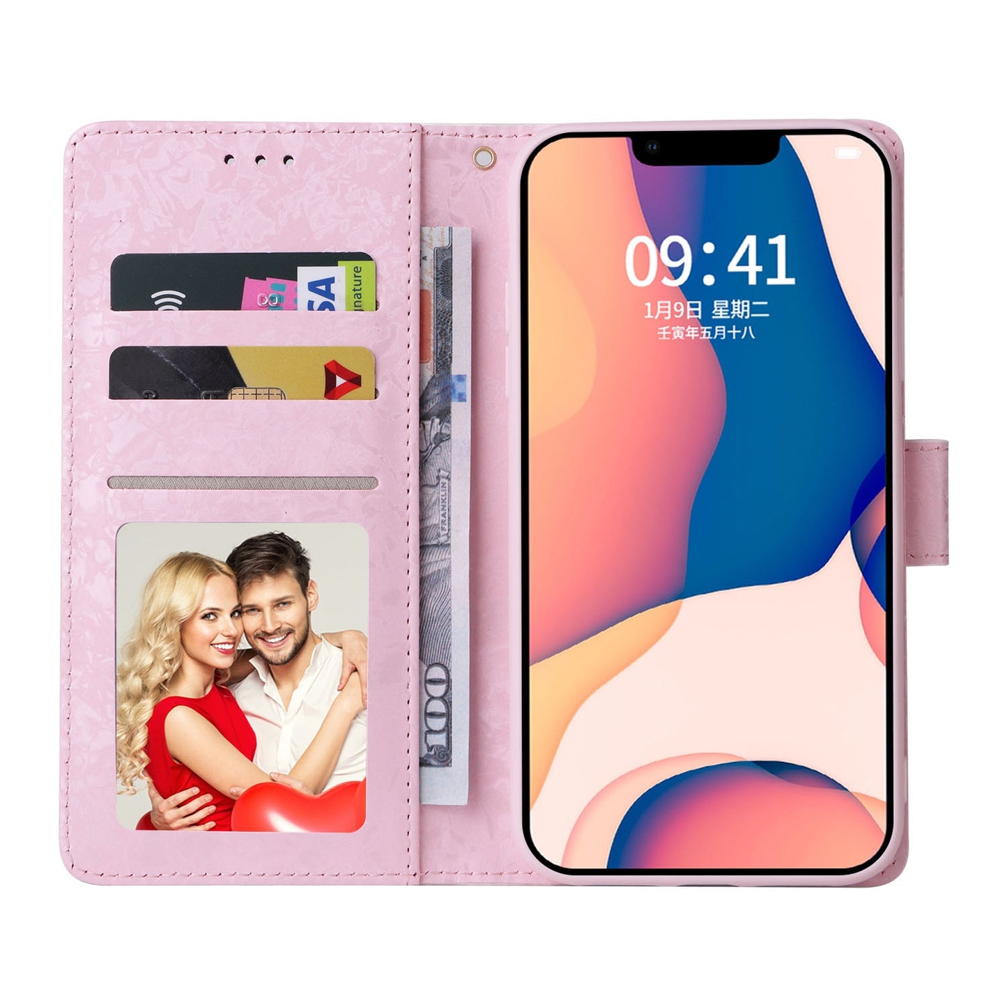 iPhone 14 Plus Luxury Bronzing Leather Case - Floral RFID Wallet Cover with Stand & Card Slots