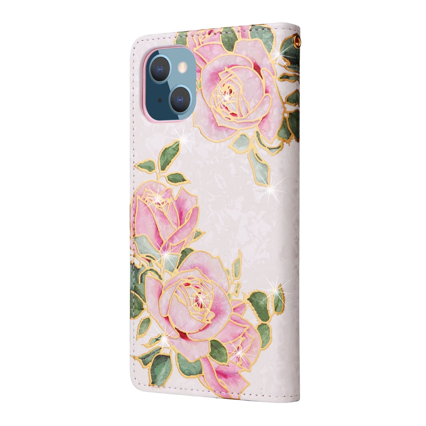 iPhone 14 Plus Luxury Bronzing Leather Case - Floral RFID Wallet Cover with Stand & Card Slots