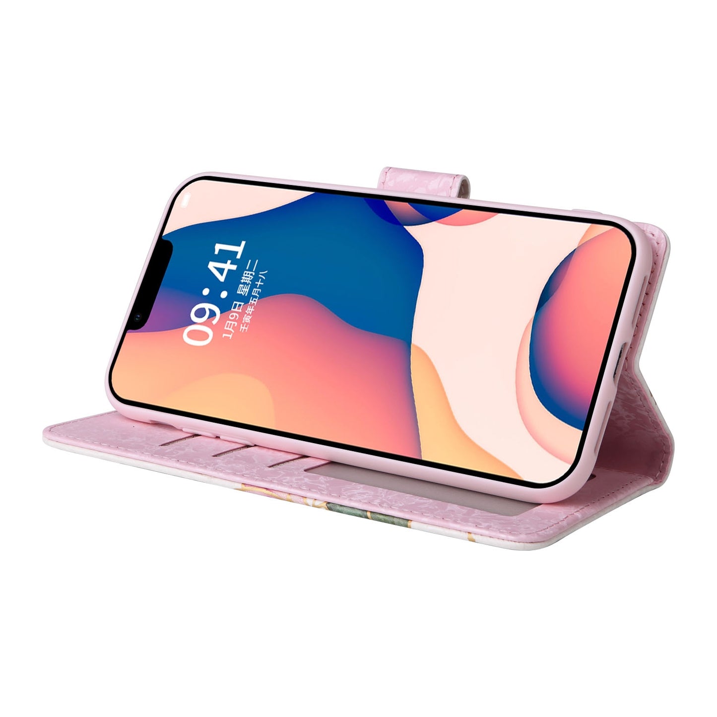 iPhone 14 Plus Luxury Bronzing Leather Case - Floral RFID Wallet Cover with Stand & Card Slots