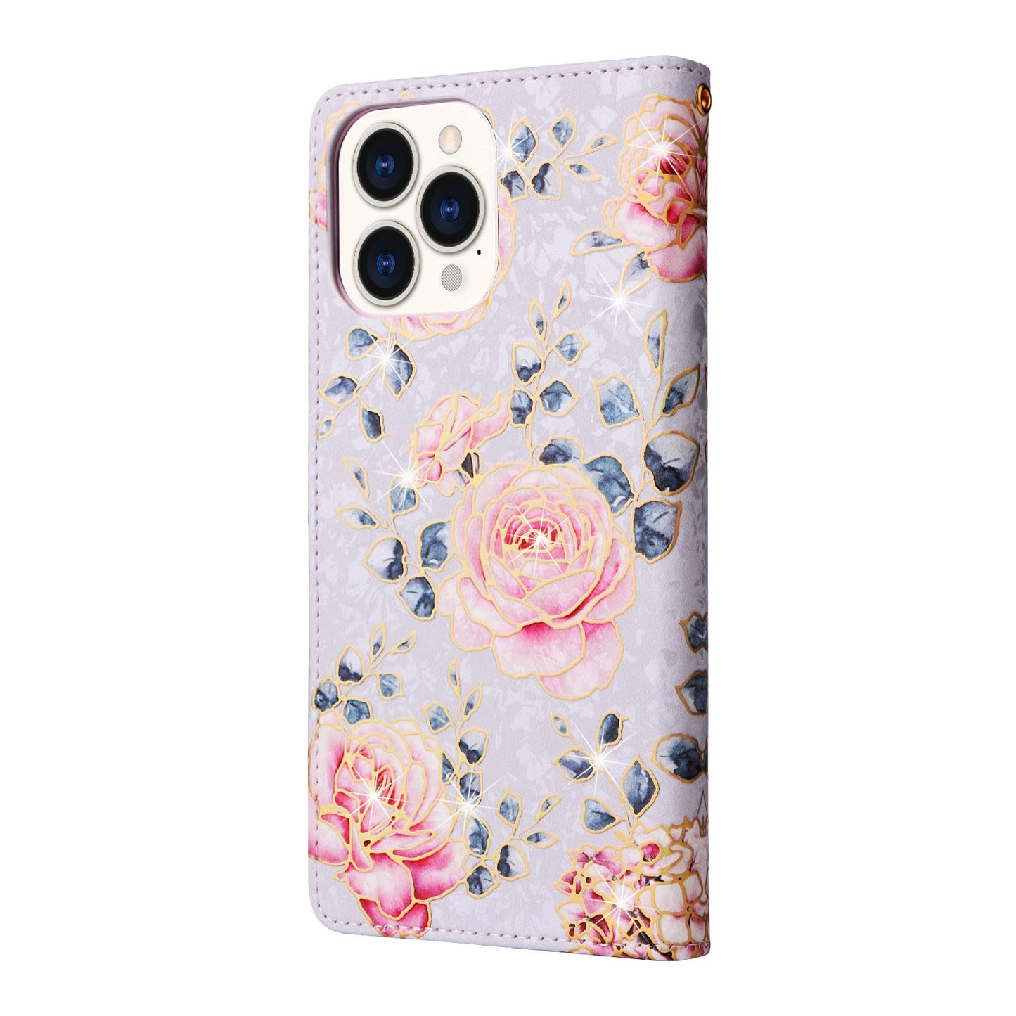 iPhone 14 Pro Luxury Bronzing Leather Case - Floral RFID Wallet Cover with Stand & Card Slots