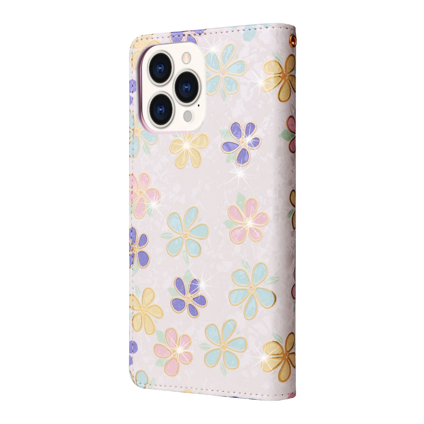 iPhone 14 Pro Luxury Bronzing Leather Case - Floral RFID Wallet Cover with Stand & Card Slots