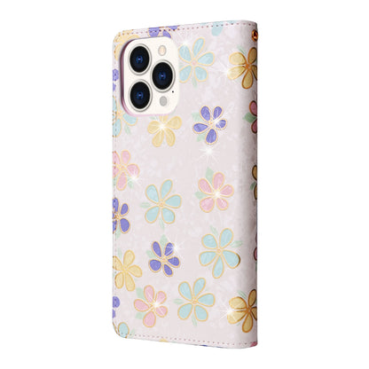 iPhone 14 Pro Luxury Bronzing Leather Case - Floral RFID Wallet Cover with Stand & Card Slots